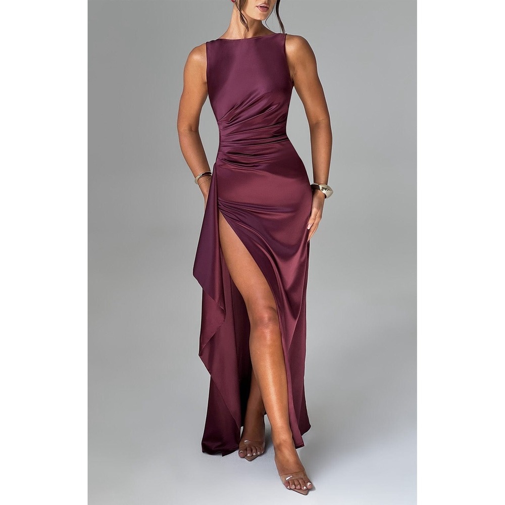 Babyboo Peggy Maxi Satin Dress Small Cherry Lacquer Ruffle Slit Backless NWT